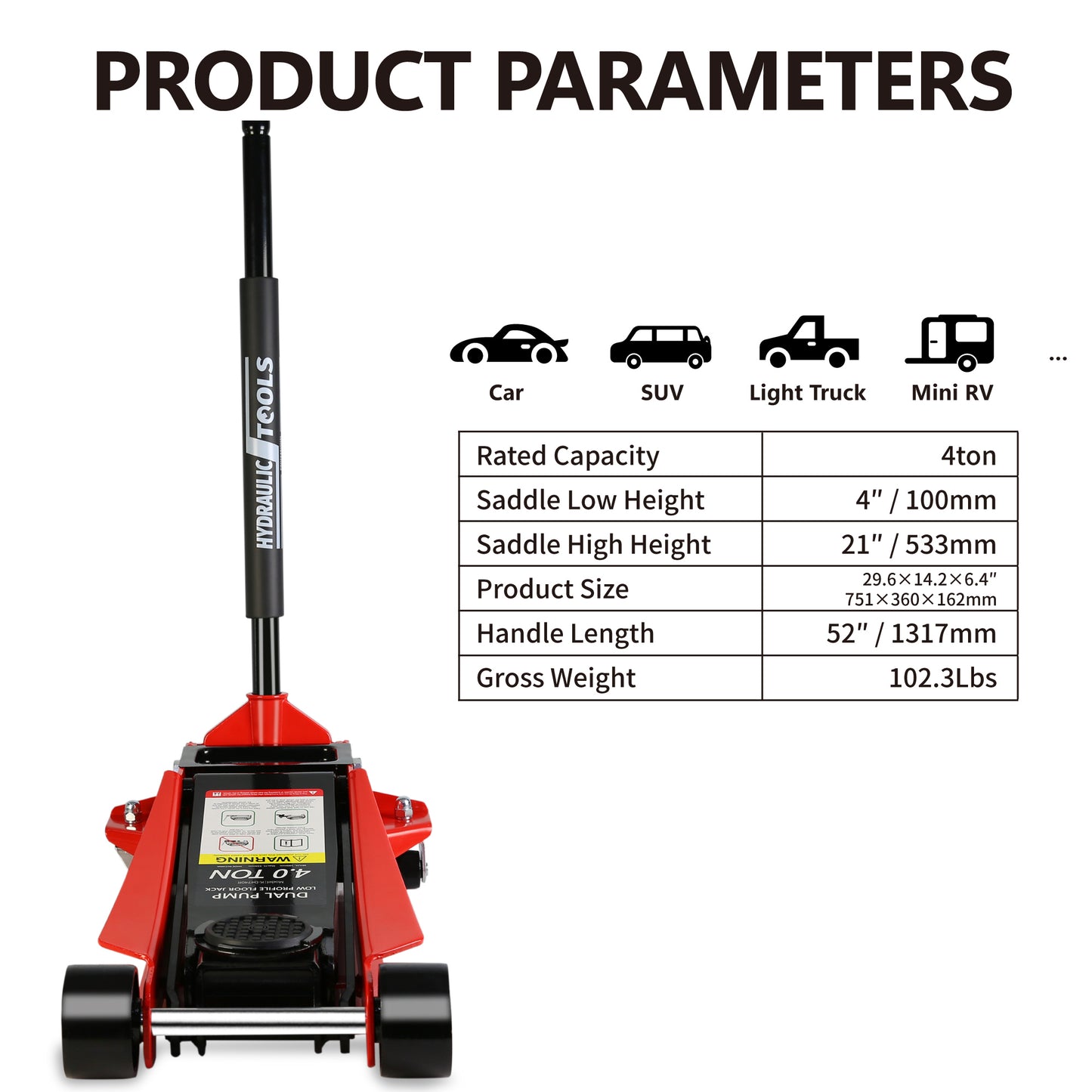 Floor Jack, 4 Ton Low Profile Floor Jack, Heavy-Duty Steel Racing Floor Jack with dual Piston Quick Lift Pump, Floor Jack Lifting Range 4"-21" image 2