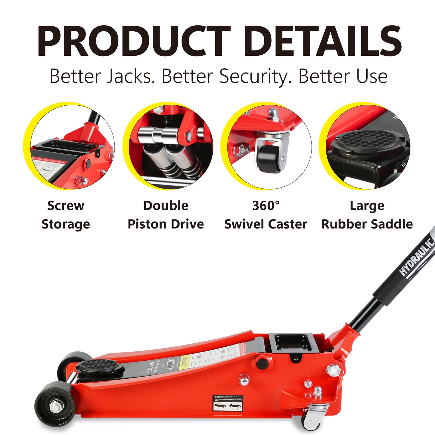 Floor Jack, 4 Ton Low Profile Floor Jack, Heavy-Duty Steel Racing Floor Jack with dual Piston Quick Lift Pump, Floor Jack Lifting Range 4"-21" image 5