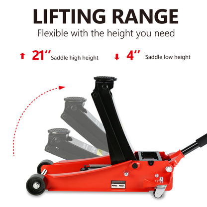 Floor Jack, 4 Ton Low Profile Floor Jack, Heavy-Duty Steel Racing Floor Jack with dual Piston Quick Lift Pump, Floor Jack Lifting Range 4"-21" image 3