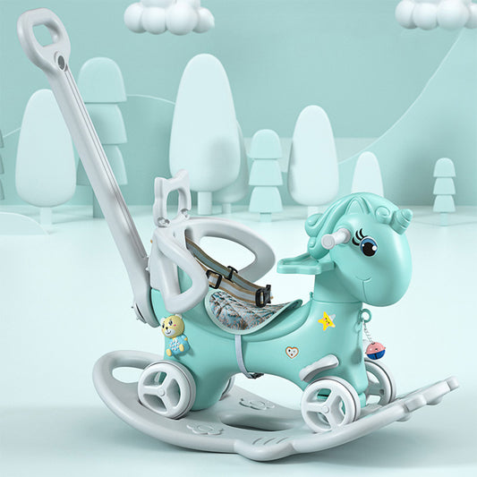 Rocking Horse for Toddlers, Balance Bike Ride On Toys with Push Handle, Backrest and Balance Board for Baby Girl and Boy, Unicorn Kids Blue color image 1