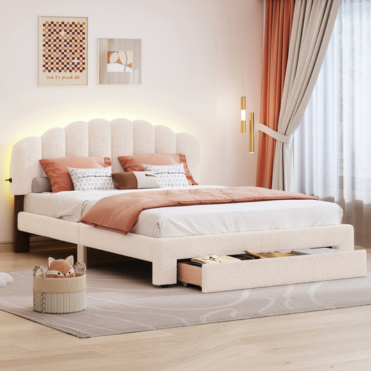 Teddy Fleece Queen Size Upholstered Platform Bed with Drawer, Beige(Old SKU: WF309187AAA) image 1