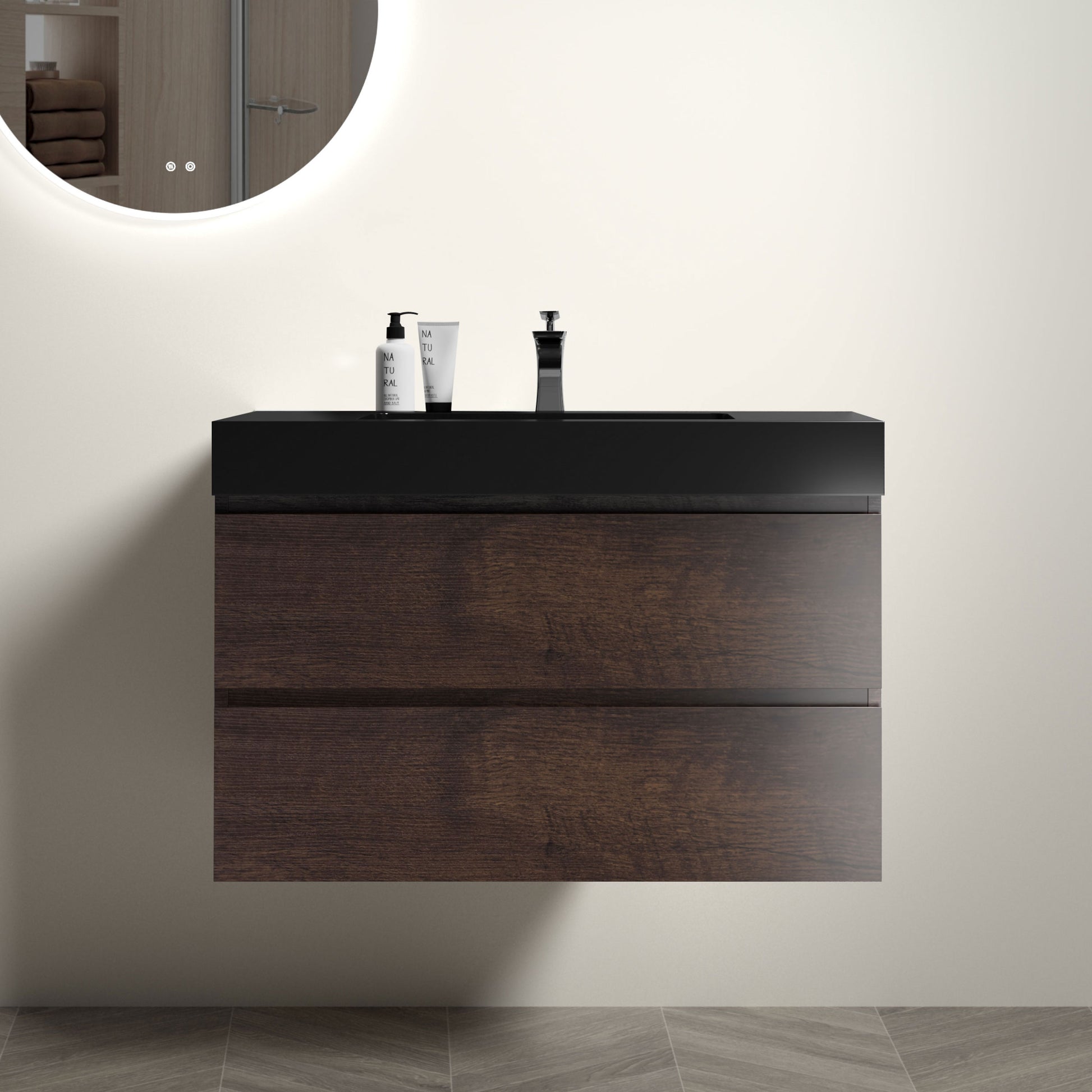 Alice 36" Walnut Bathroom Vanity with Sink, Large Storage Wall Mounted Floating Bathroom Vanity for Modern Bathroom, One-Piece Black Sink Basin without Drain and Faucet, Pre-assembled image 1
