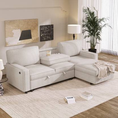 U_STYLE Upholstery Sleeper Sectional Sofa with Storage Space, USB port, 2 cup holders on Back Cushions(same sku; WY000335AAA) image 3