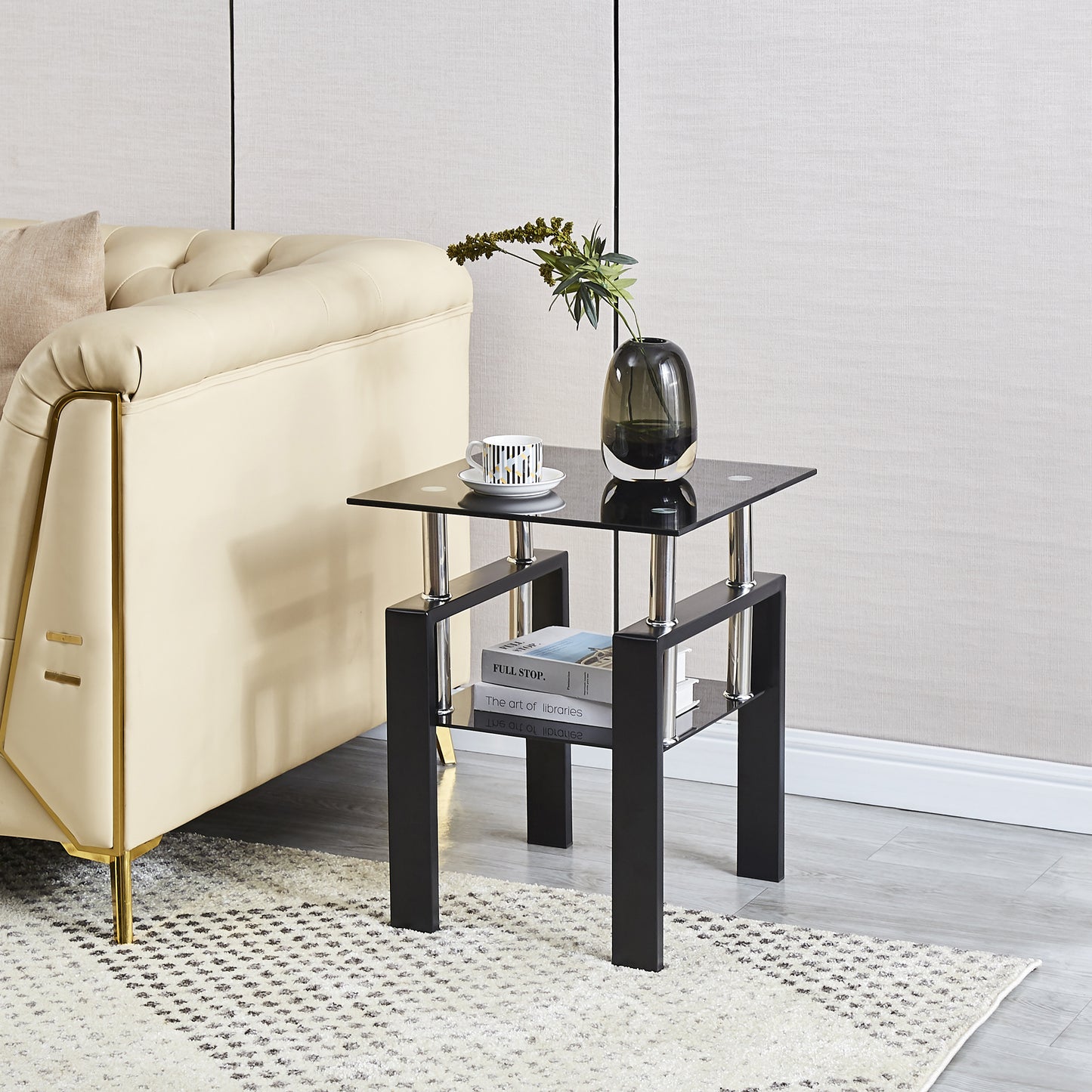 2-Piece Tempered Black Glass Sofa Table, Black Noghtstand with Metal Leg for Living Room image 4