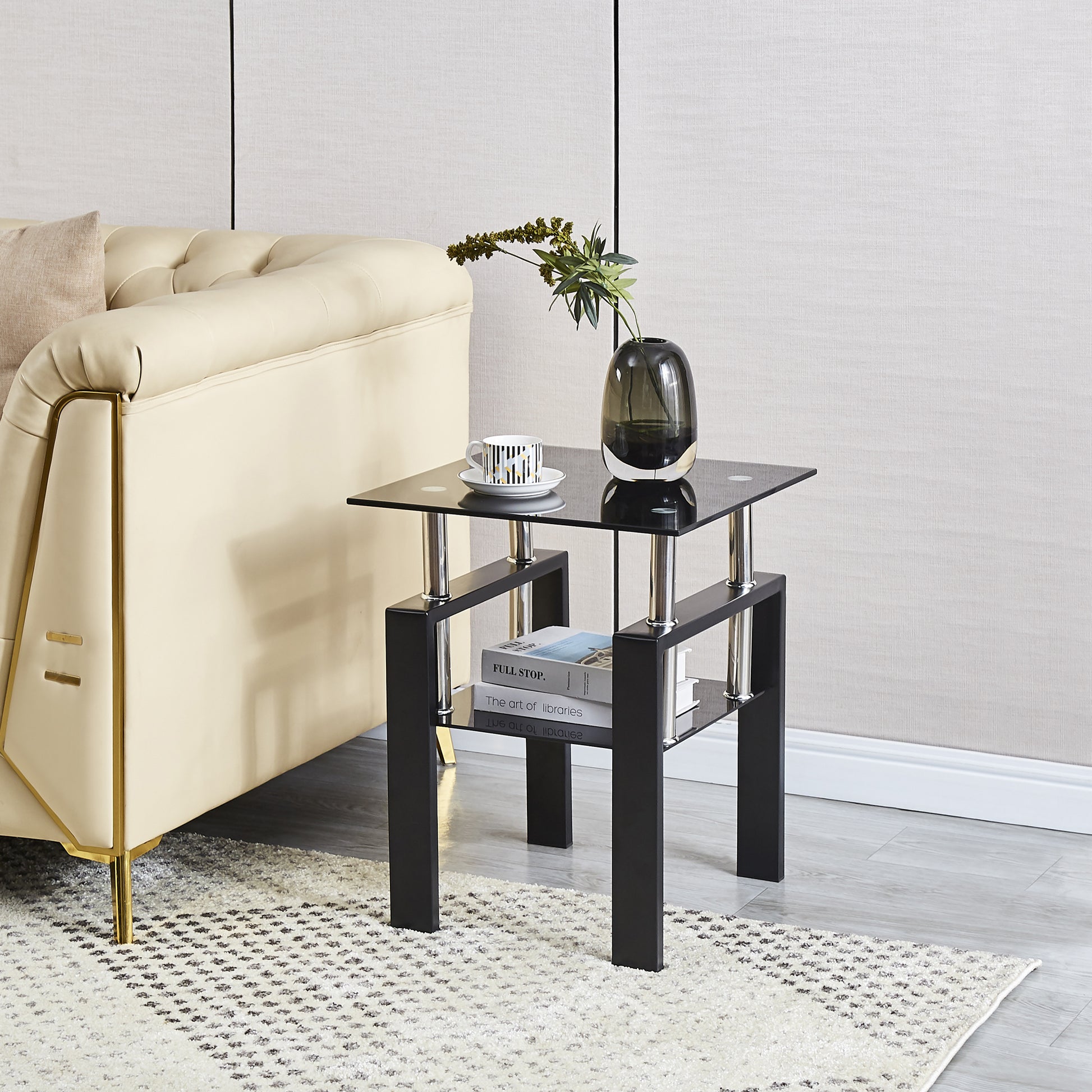 2-Piece Tempered Black Glass Sofa Table, Black Noghtstand with Metal Leg for Living Room image 4
