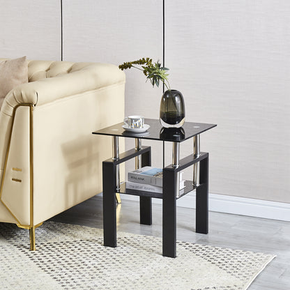 2-Piece Tempered Black Glass Sofa Table, Black Noghtstand with Metal Leg for Living Room image 4