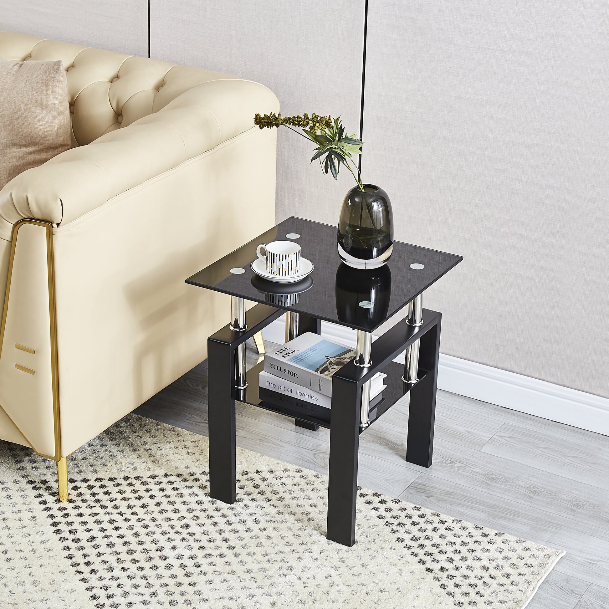 2-Piece Tempered Black Glass Sofa Table, Black Noghtstand with Metal Leg for Living Room image 2