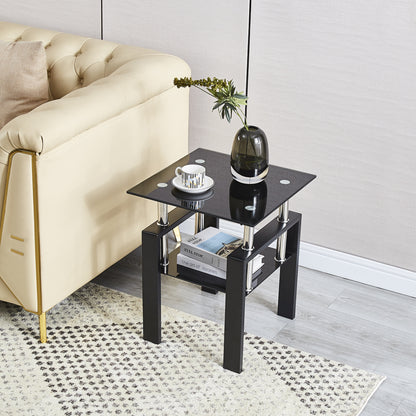 2-Piece Tempered Black Glass Sofa Table, Black Noghtstand with Metal Leg for Living Room image 2