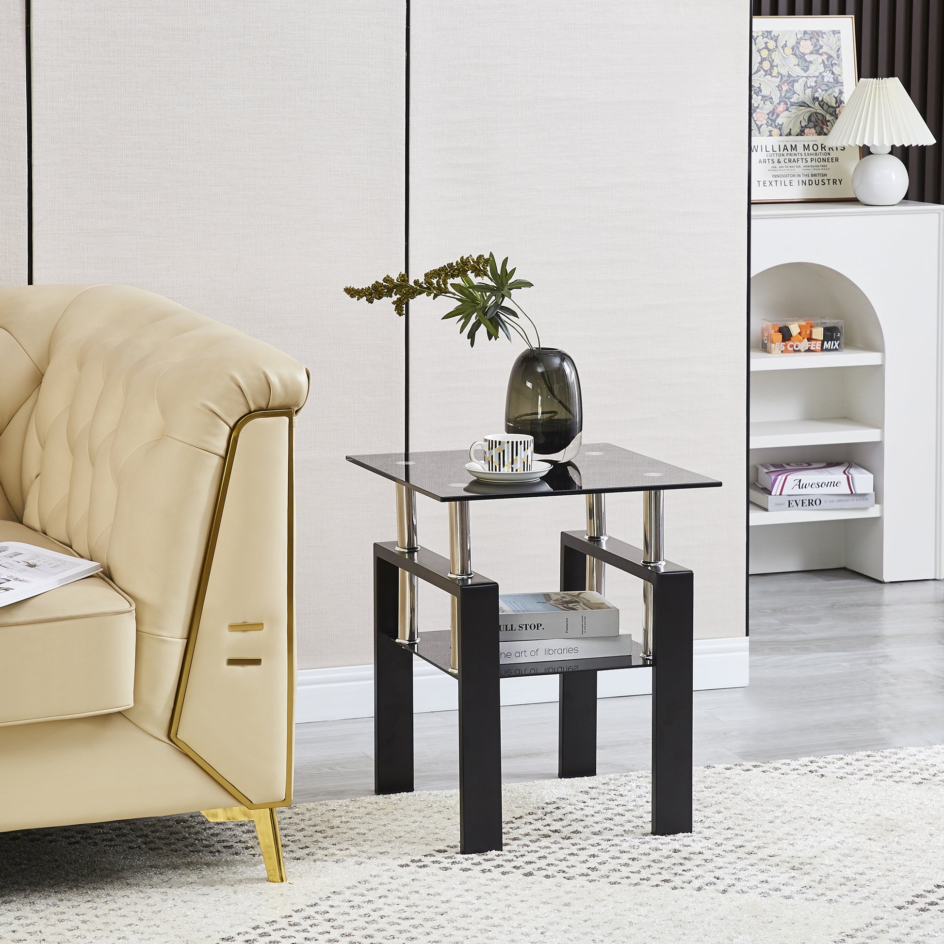 2-Piece Tempered Black Glass Sofa Table, Black Noghtstand with Metal Leg for Living Room image 3