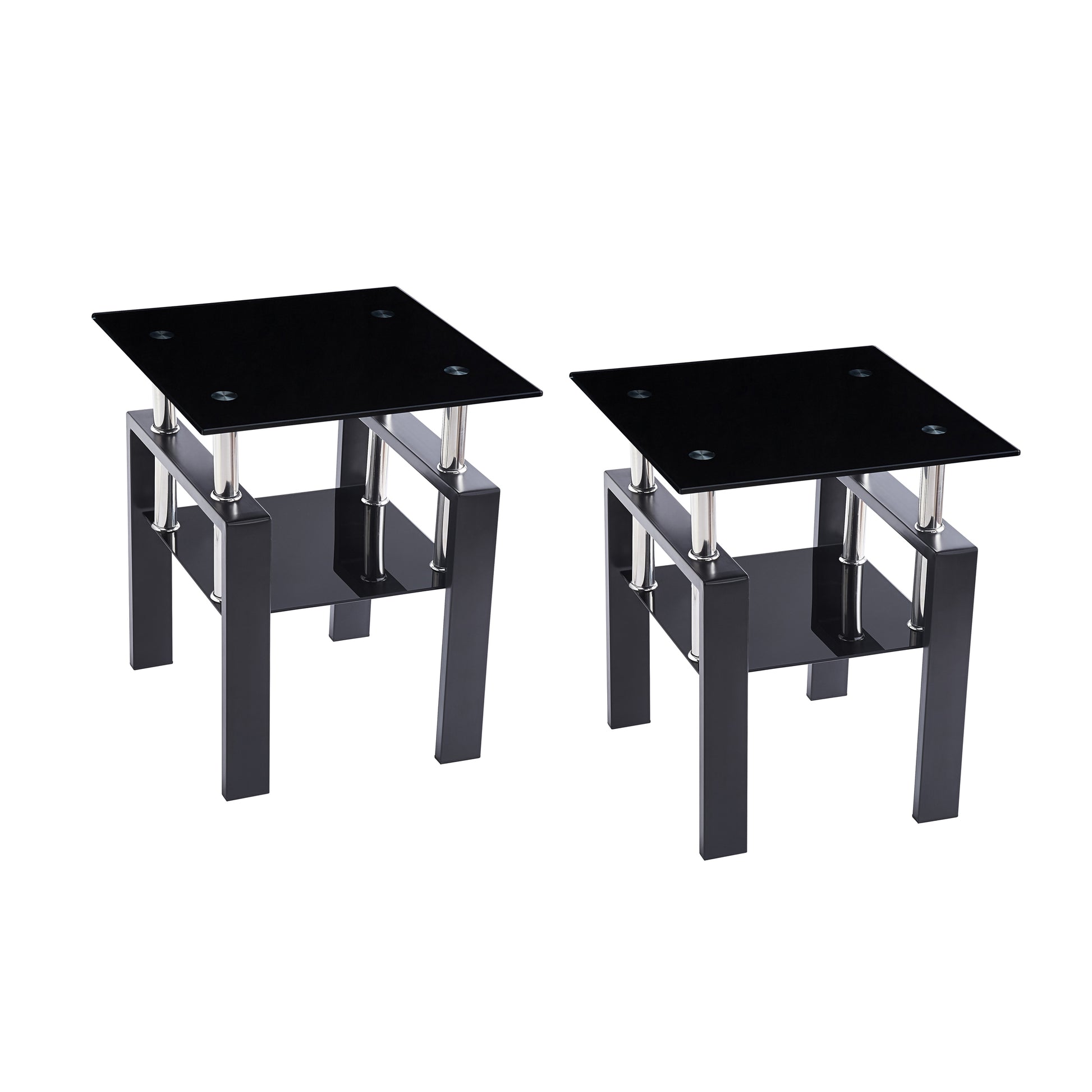 2-Piece Tempered Black Glass Sofa Table, Black Noghtstand with Metal Leg for Living Room image 1