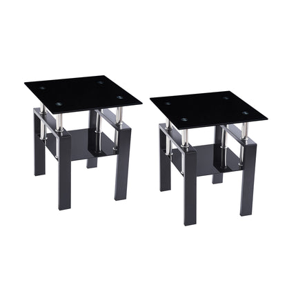 2-Piece Tempered Black Glass Sofa Table, Black Noghtstand with Metal Leg for Living Room image 1