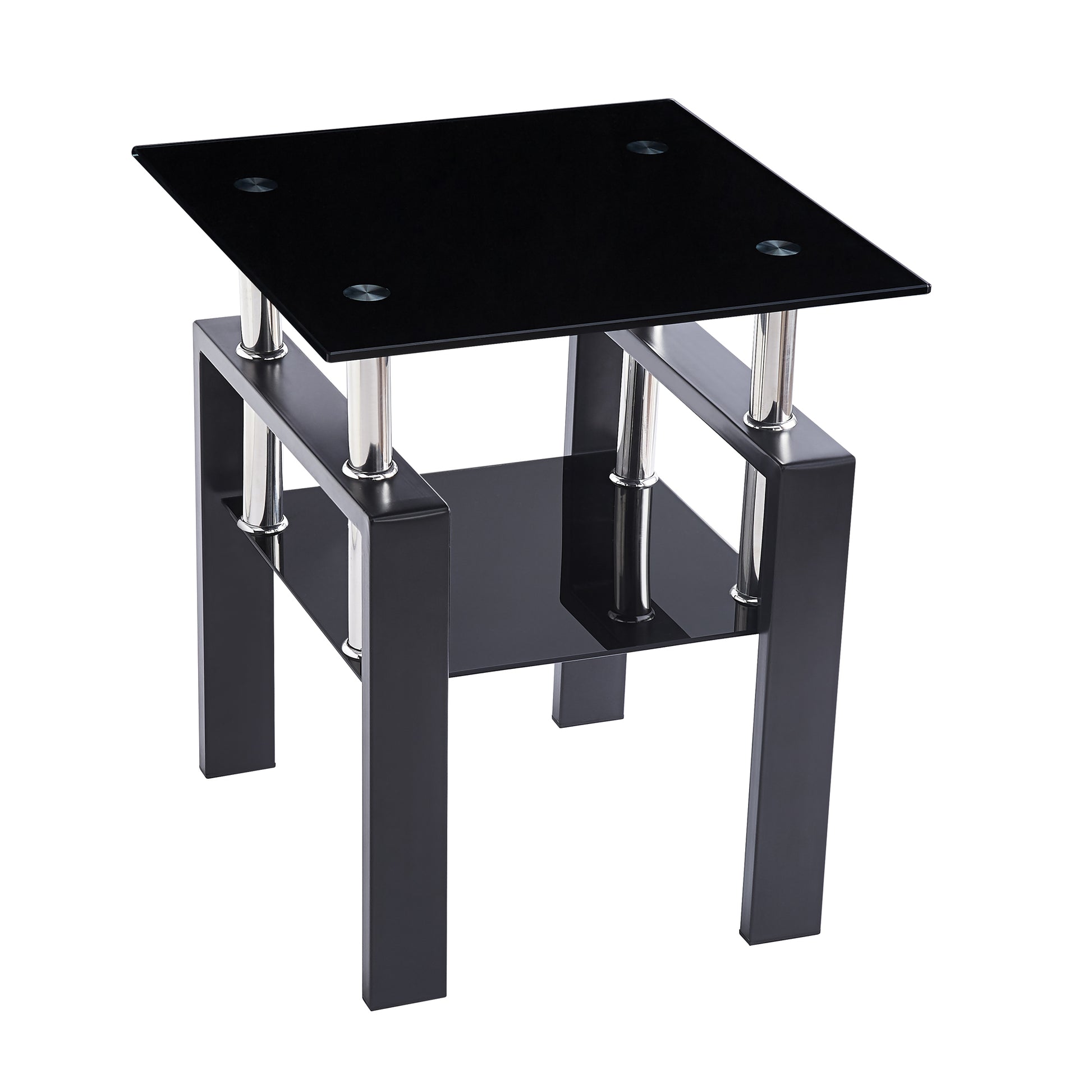 2-Piece Tempered Black Glass Sofa Table, Black Noghtstand with Metal Leg for Living Room image 6