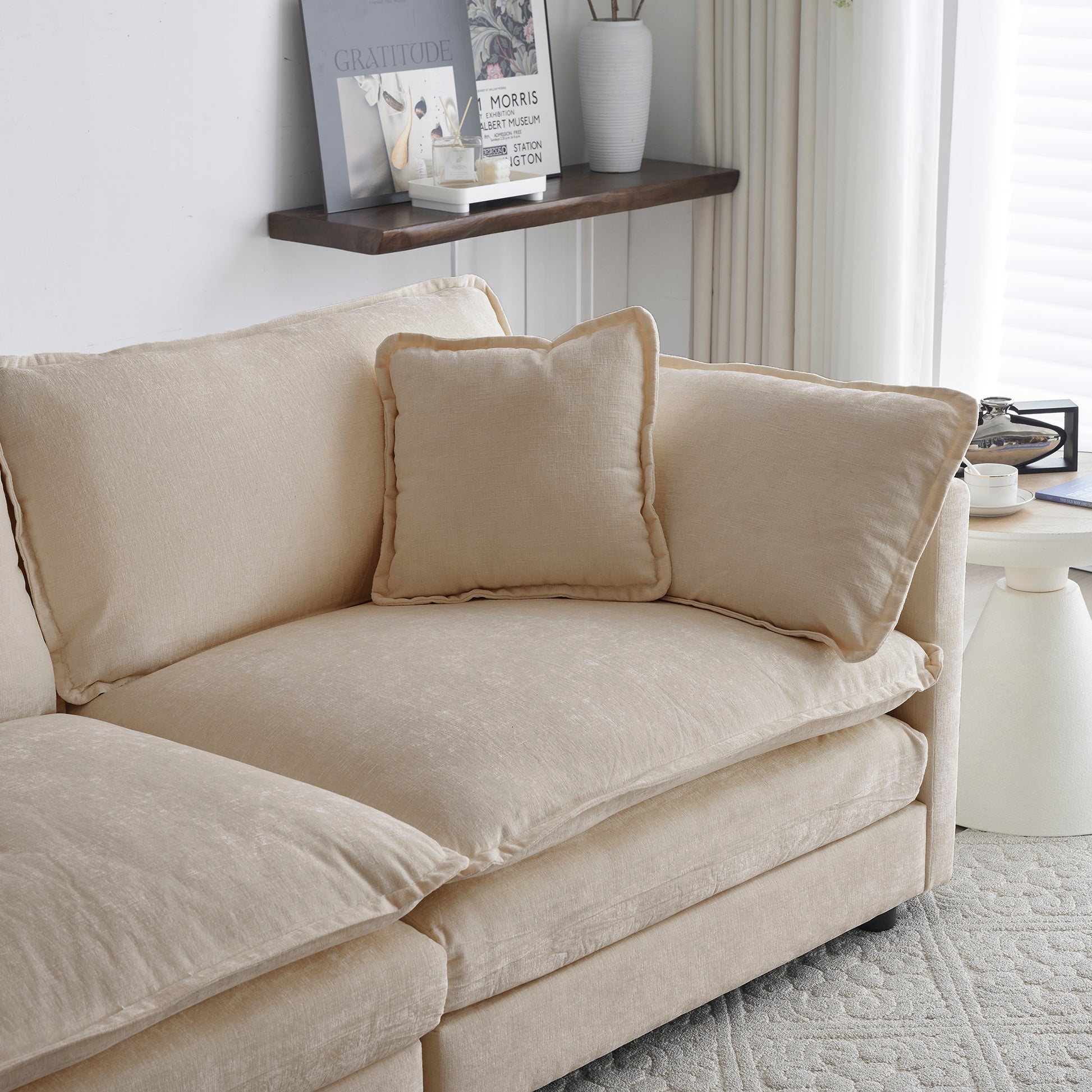 4 - Piece Upholstered Sectional Sofa, 1 - Piece of 2 Seater Sofa and 2- Piece of Ottomans, 2 Seater Loveseat Lounge with Ottomans, Light Coffee Chenille image 2