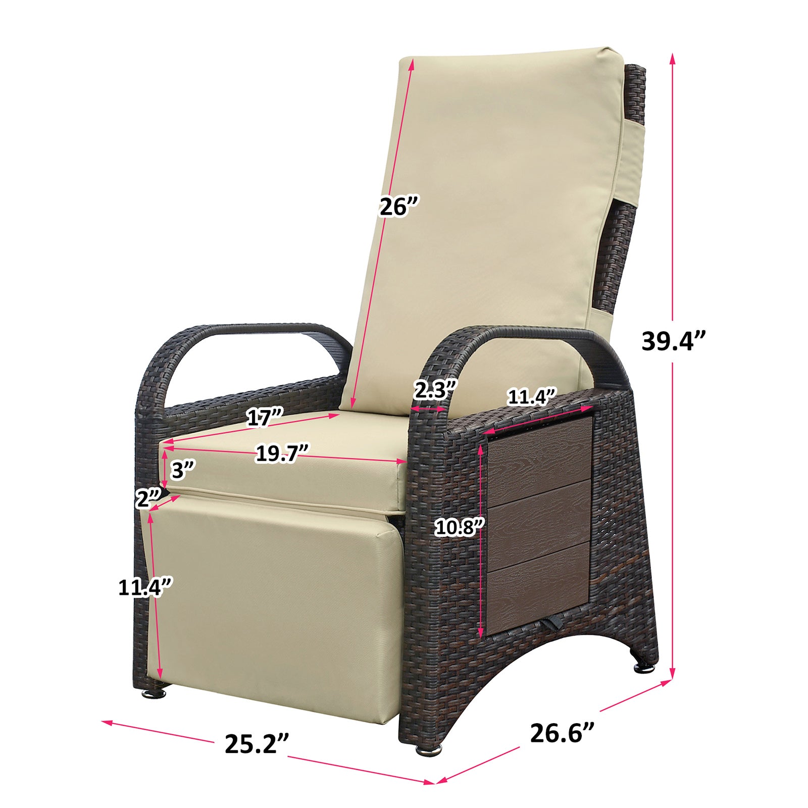 Outdoor Recliner Chair,PE Wicker Adjustable Reclining Lounge Chair and Removable Soft Cushion, with Modern Armchair and Ergonomic for Home, Sunbathing or Relaxation (Khaki) image 4