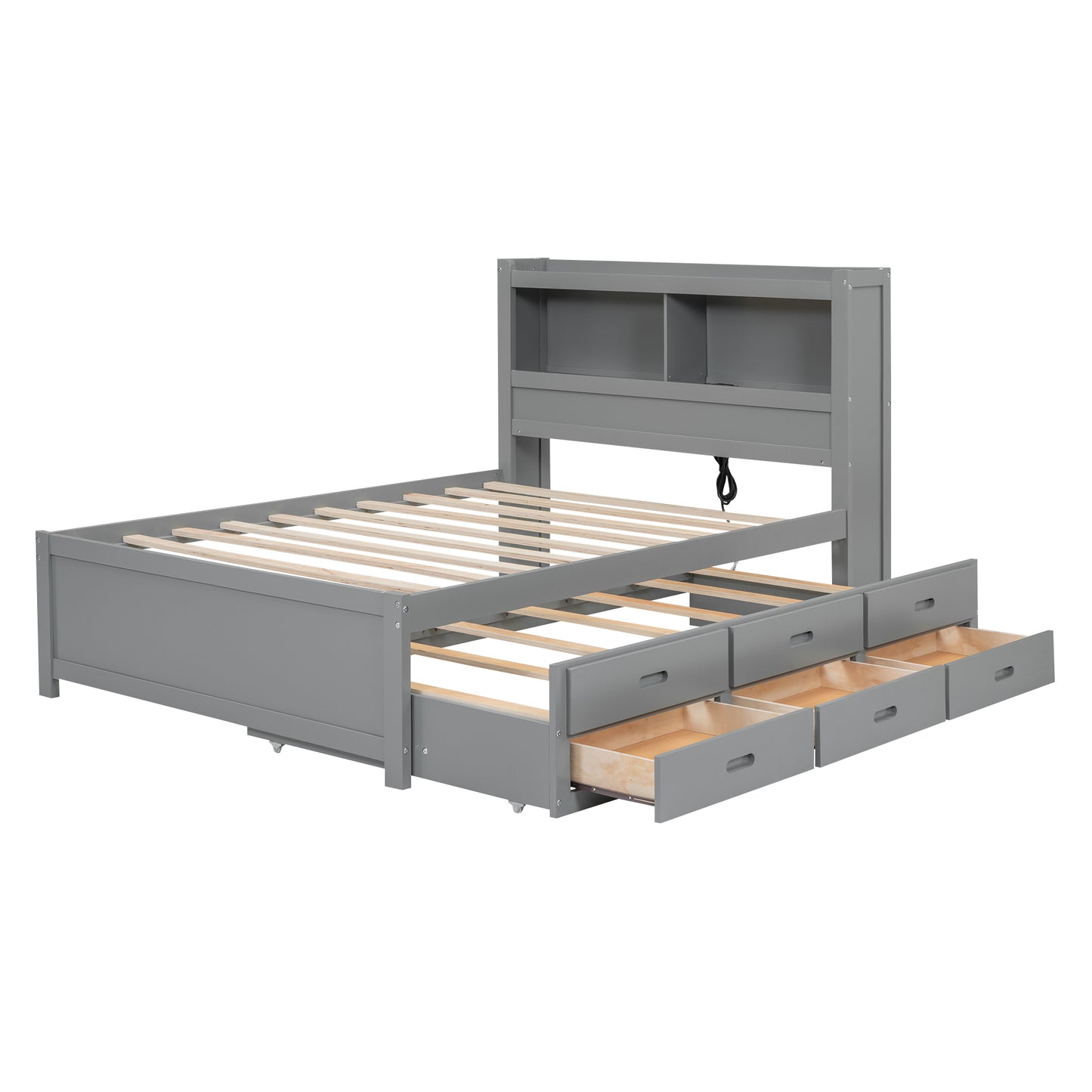 Full Size platform bed with trundle, drawers and USB plugs, Gray image 9