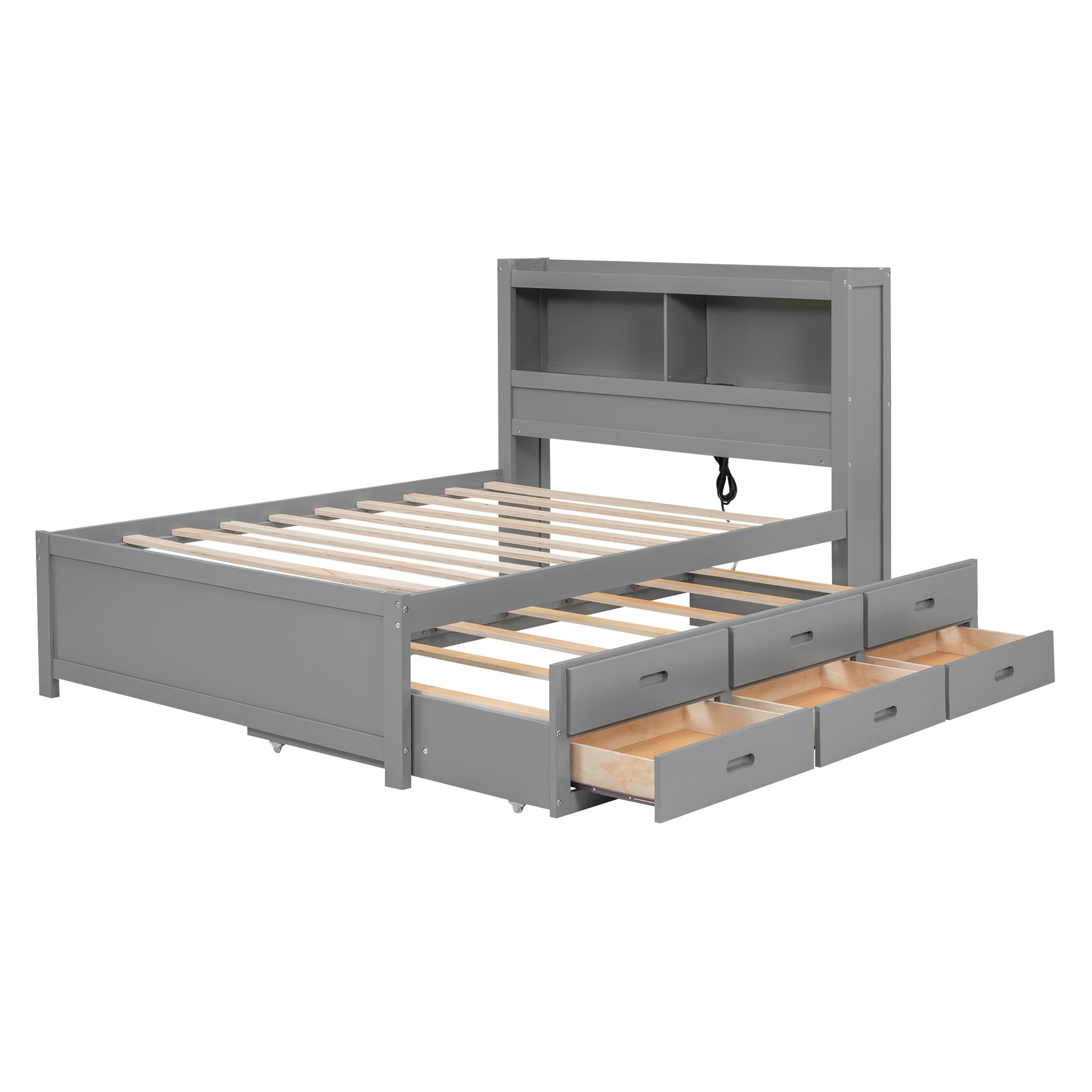 Full Size platform bed with trundle, drawers and USB plugs, Gray image 9