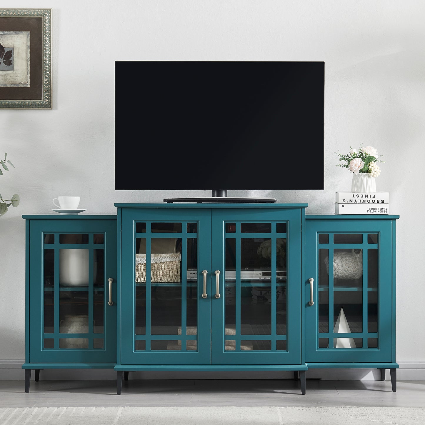 62" TV Stand, Buffet Sideboard Cabinet, Teal Blue image 1