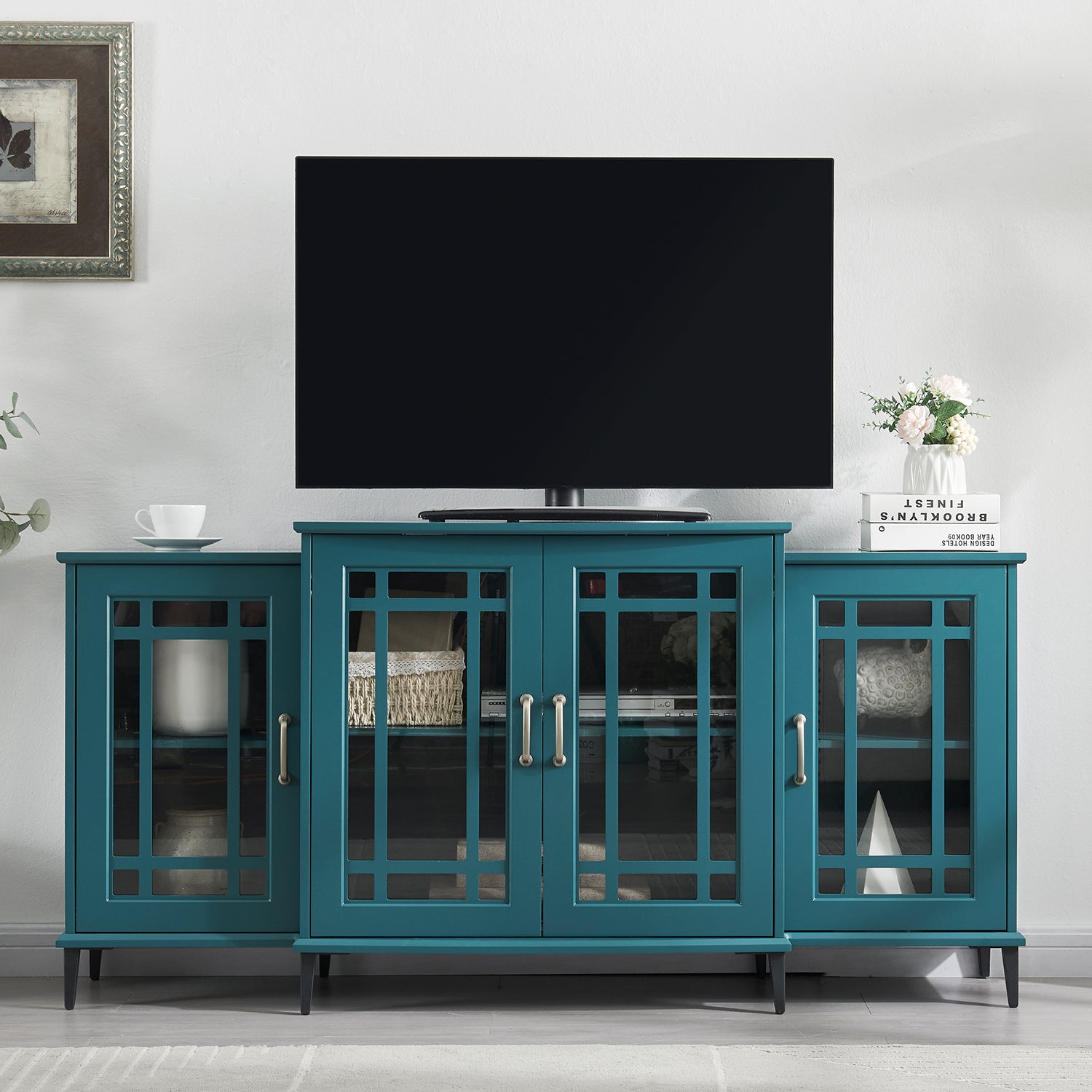 62" TV Stand, Buffet Sideboard Cabinet, Teal Blue image 1