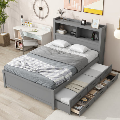 Full Size platform bed with trundle, drawers and USB plugs, Gray image 1