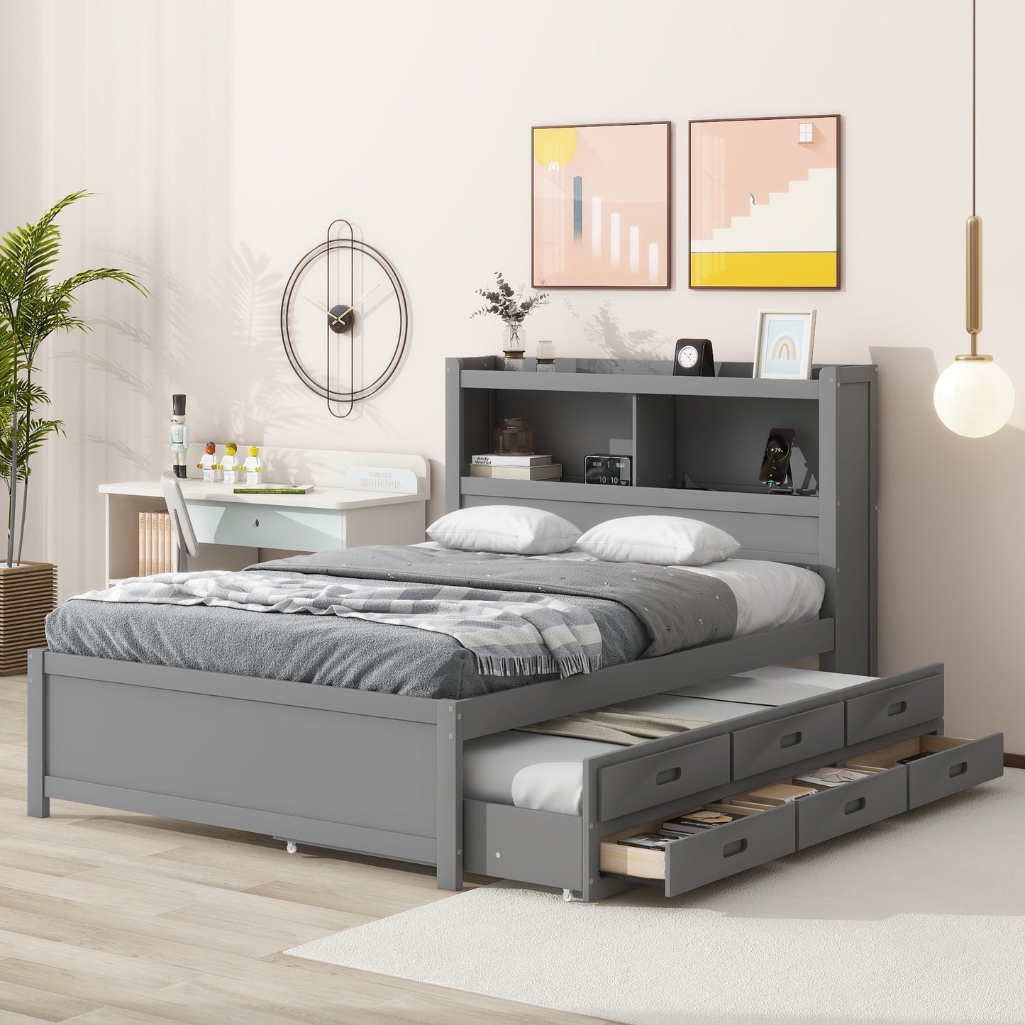 Full Size platform bed with trundle, drawers and USB plugs, Gray image 4