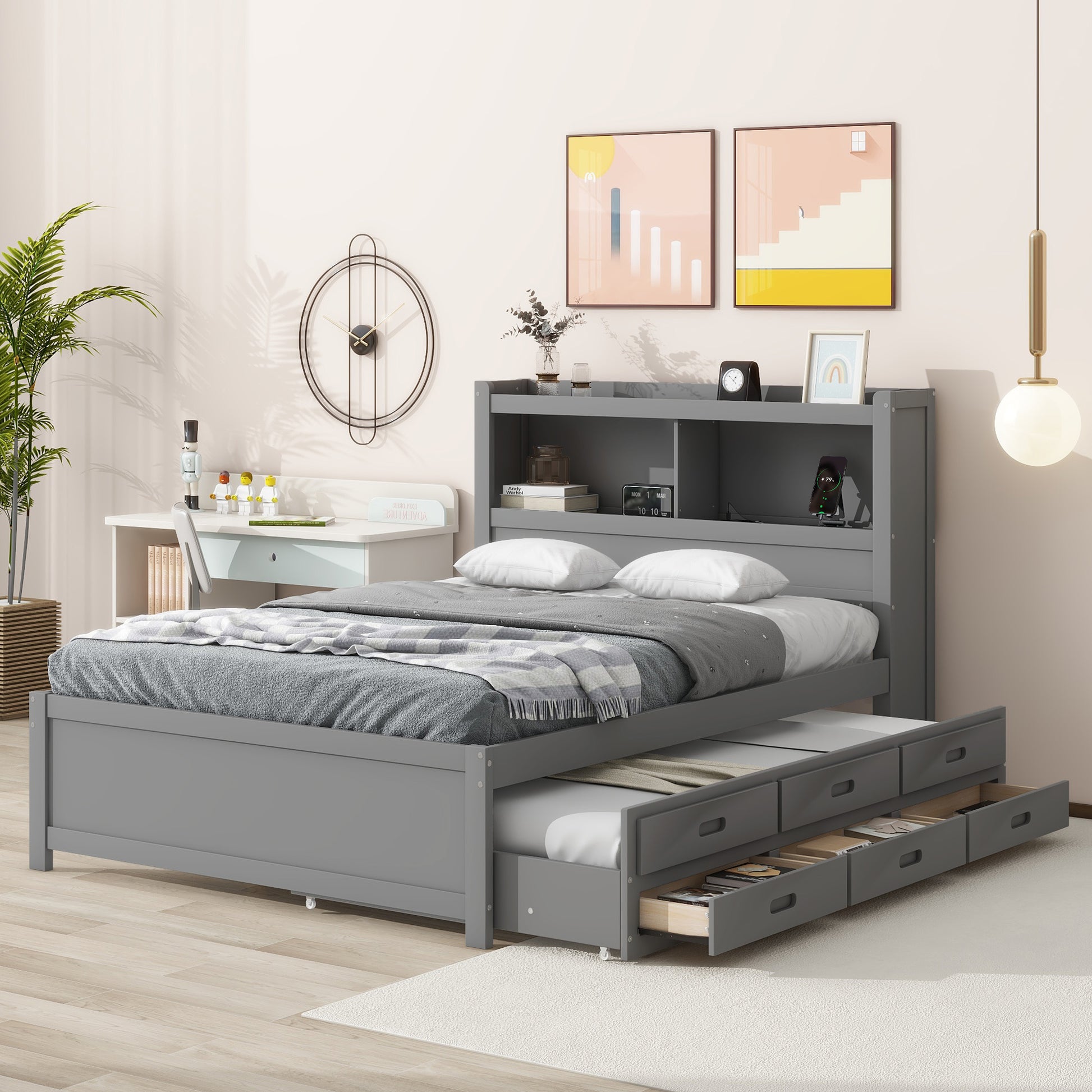 Full Size platform bed with trundle, drawers and USB plugs, Gray image 4