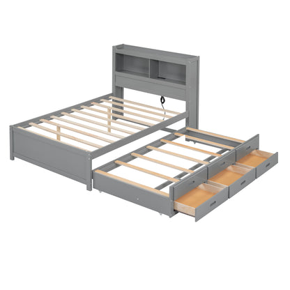 Full Size platform bed with trundle, drawers and USB plugs, Gray image 10
