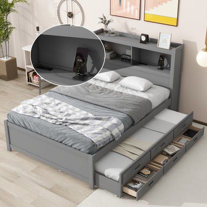 Full Size platform bed with trundle, drawers and USB plugs, Gray image 2