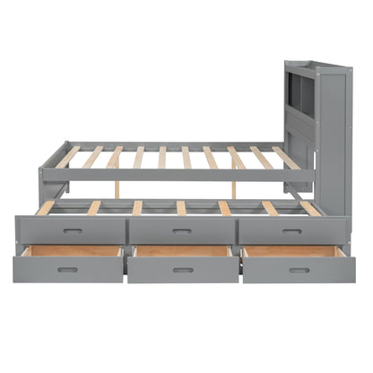 Full Size platform bed with trundle, drawers and USB plugs, Gray image 11