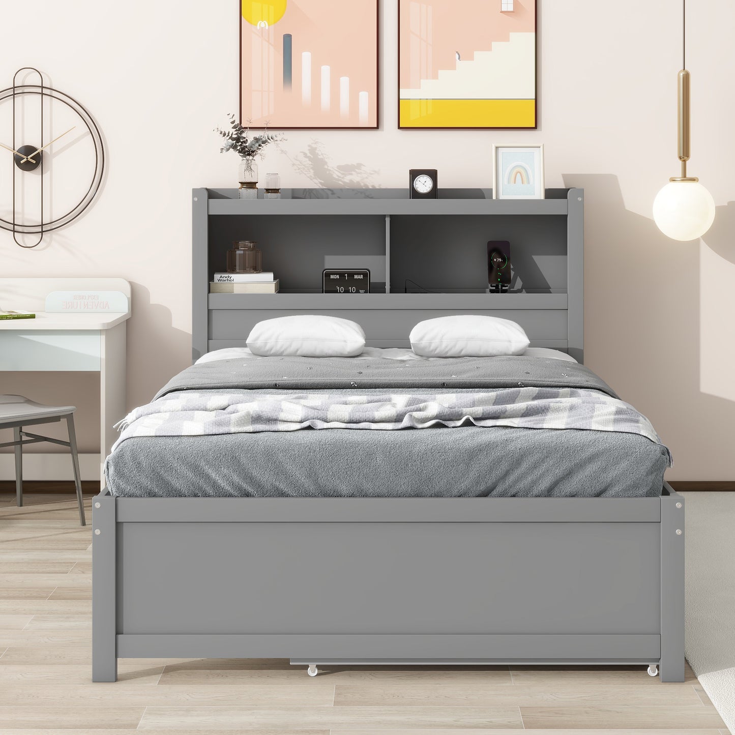 Full Size platform bed with trundle, drawers and USB plugs, Gray image 5