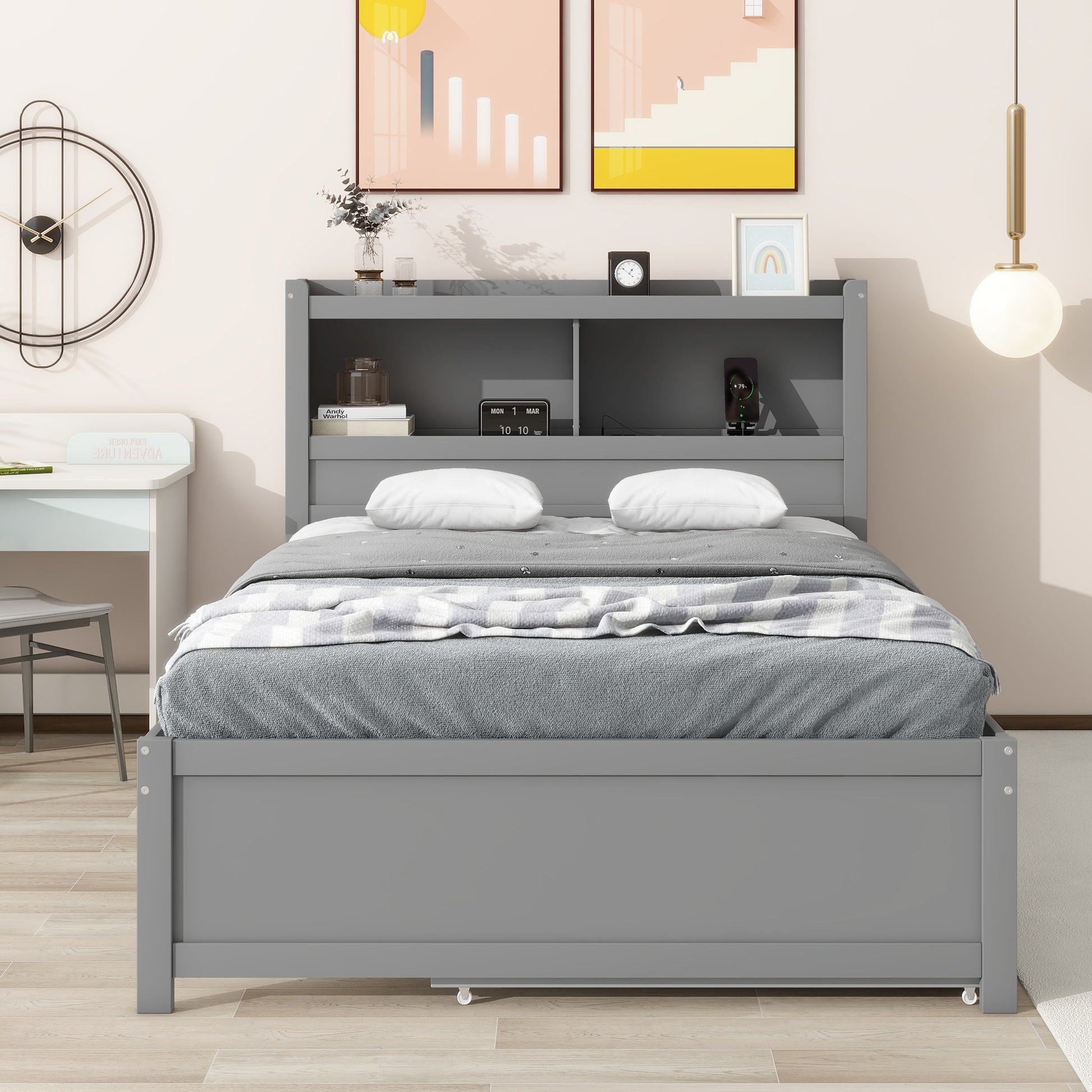 Full Size platform bed with trundle, drawers and USB plugs, Gray image 5