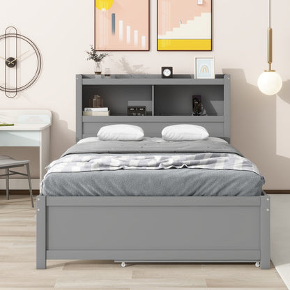 Full Size platform bed with trundle, drawers and USB plugs, Gray image 5