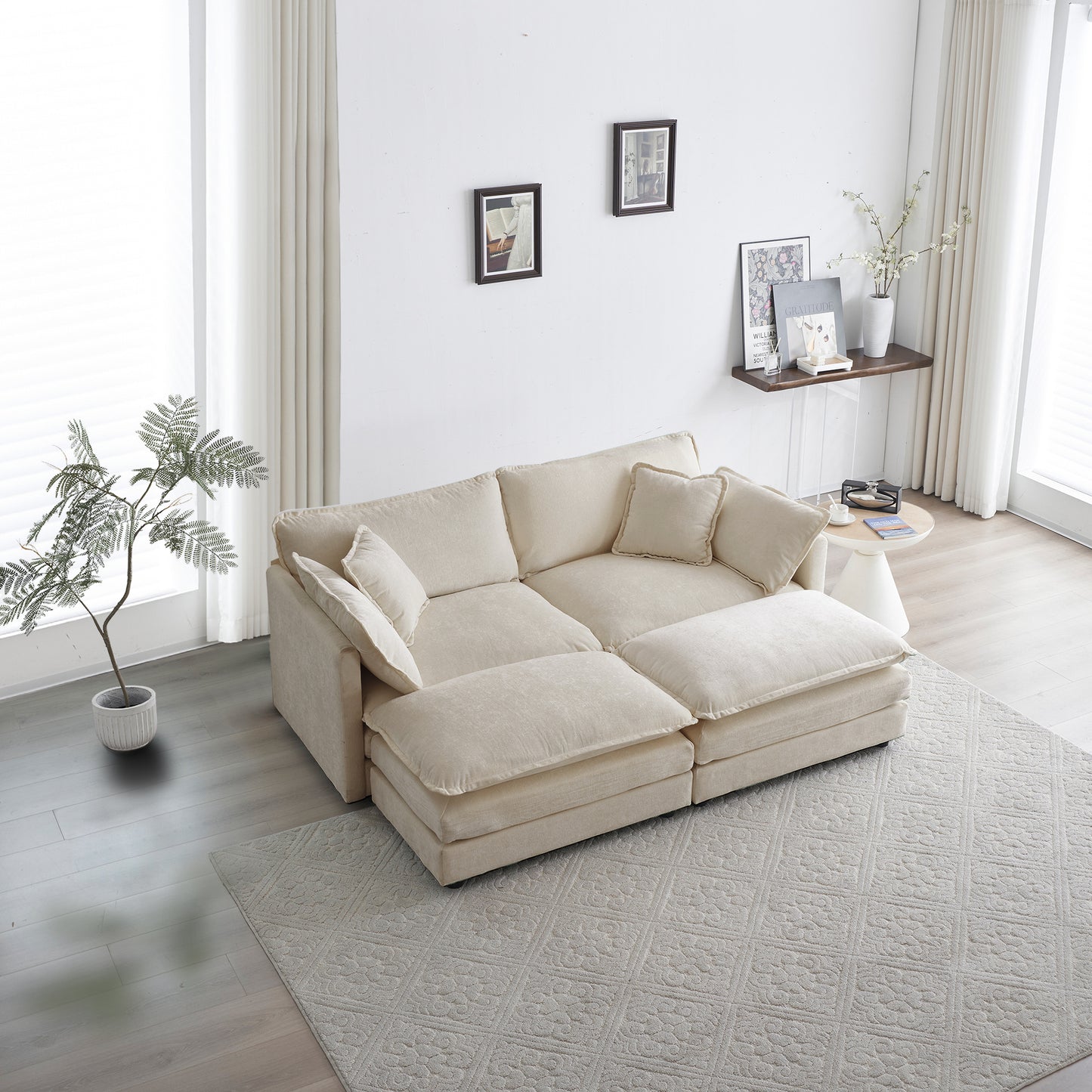 4 - Piece Upholstered Sectional Sofa, 1 - Piece of 2 Seater Sofa and 2- Piece of Ottomans, 2 Seater Loveseat Lounge with Ottomans, Light Coffee Chenille image 1