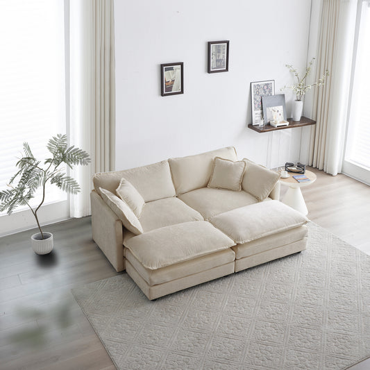 4 - Piece Upholstered Sectional Sofa, 1 - Piece of 2 Seater Sofa and 2- Piece of Ottomans, 2 Seater Loveseat Lounge with Ottomans, Light Coffee Chenille image 1