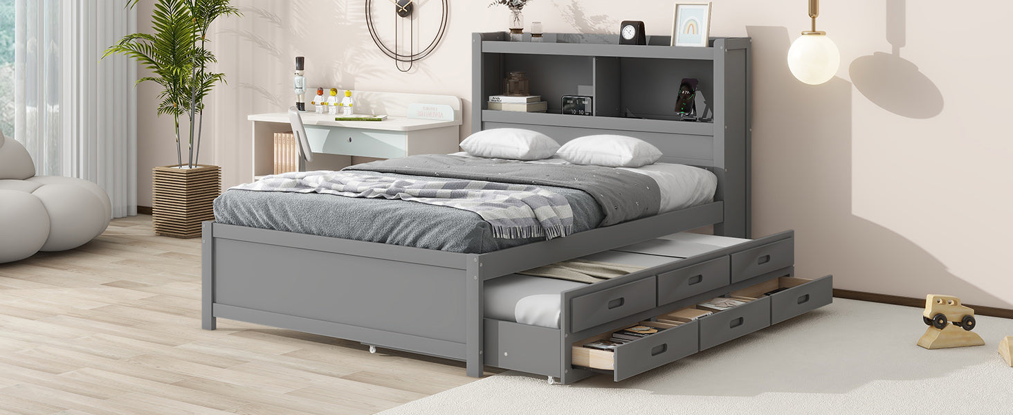 Full Size platform bed with trundle, drawers and USB plugs, Gray image 6