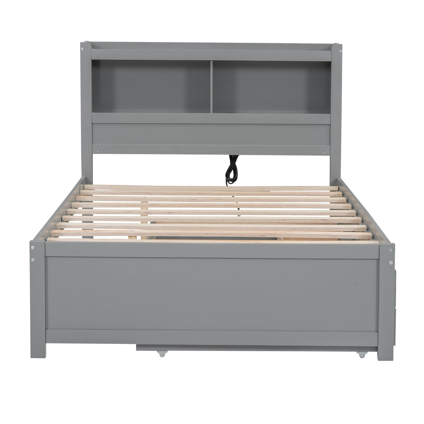 Full Size platform bed with trundle, drawers and USB plugs, Gray image 12