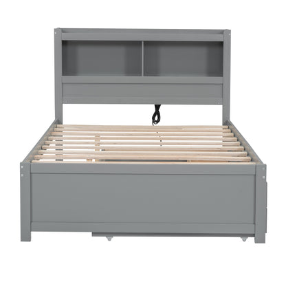 Full Size platform bed with trundle, drawers and USB plugs, Gray image 12