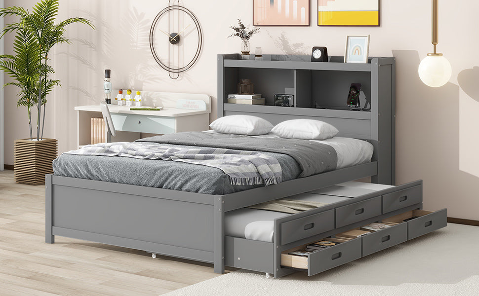 Full Size platform bed with trundle, drawers and USB plugs, Gray image 7