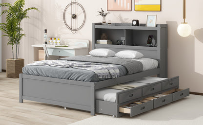 Full Size platform bed with trundle, drawers and USB plugs, Gray image 7