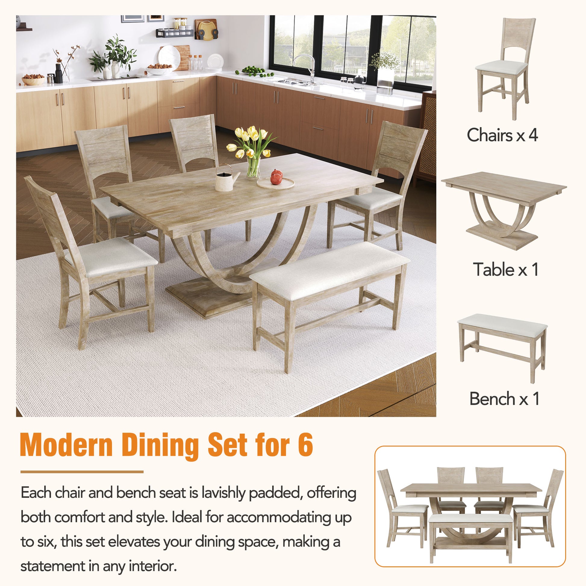 TOPMAX 6-Piece Wood Half Round Dining Table Set Kitchen Table Set with Long Bench and 4 Dining Chairs, Modern Style, Seadrift image 10