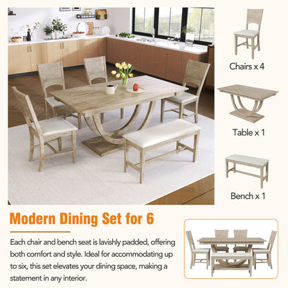 TOPMAX 6-Piece Wood Half Round Dining Table Set Kitchen Table Set with Long Bench and 4 Dining Chairs, Modern Style, Seadrift image 10