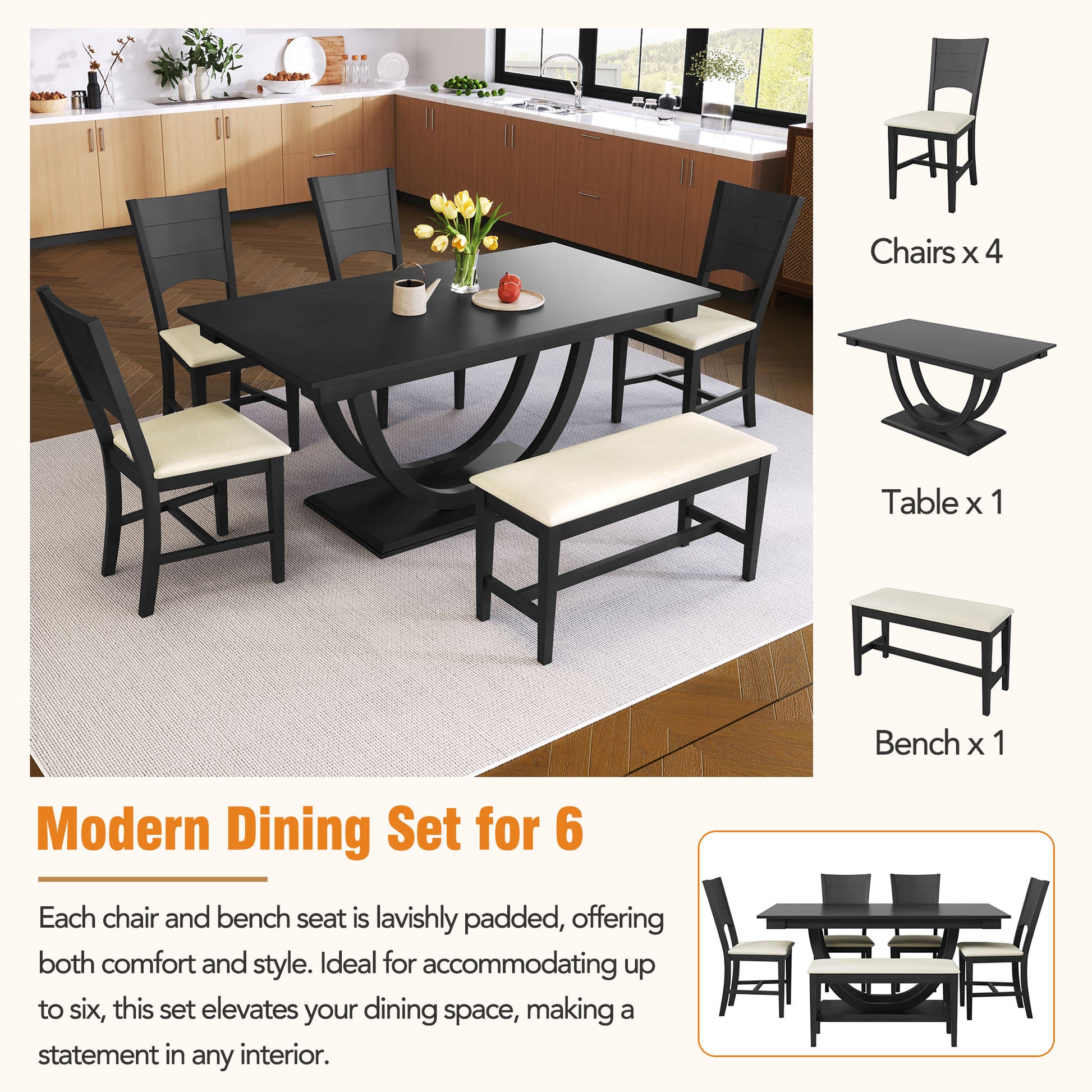 TOPMAX 6-Piece Wood Half Round Dining Table Set Kitchen Table Set with Long Bench and 4 Dining Chairs, Modern Style, Gray image 10