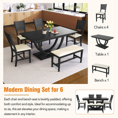TOPMAX 6-Piece Wood Half Round Dining Table Set Kitchen Table Set with Long Bench and 4 Dining Chairs, Modern Style, Gray image 10