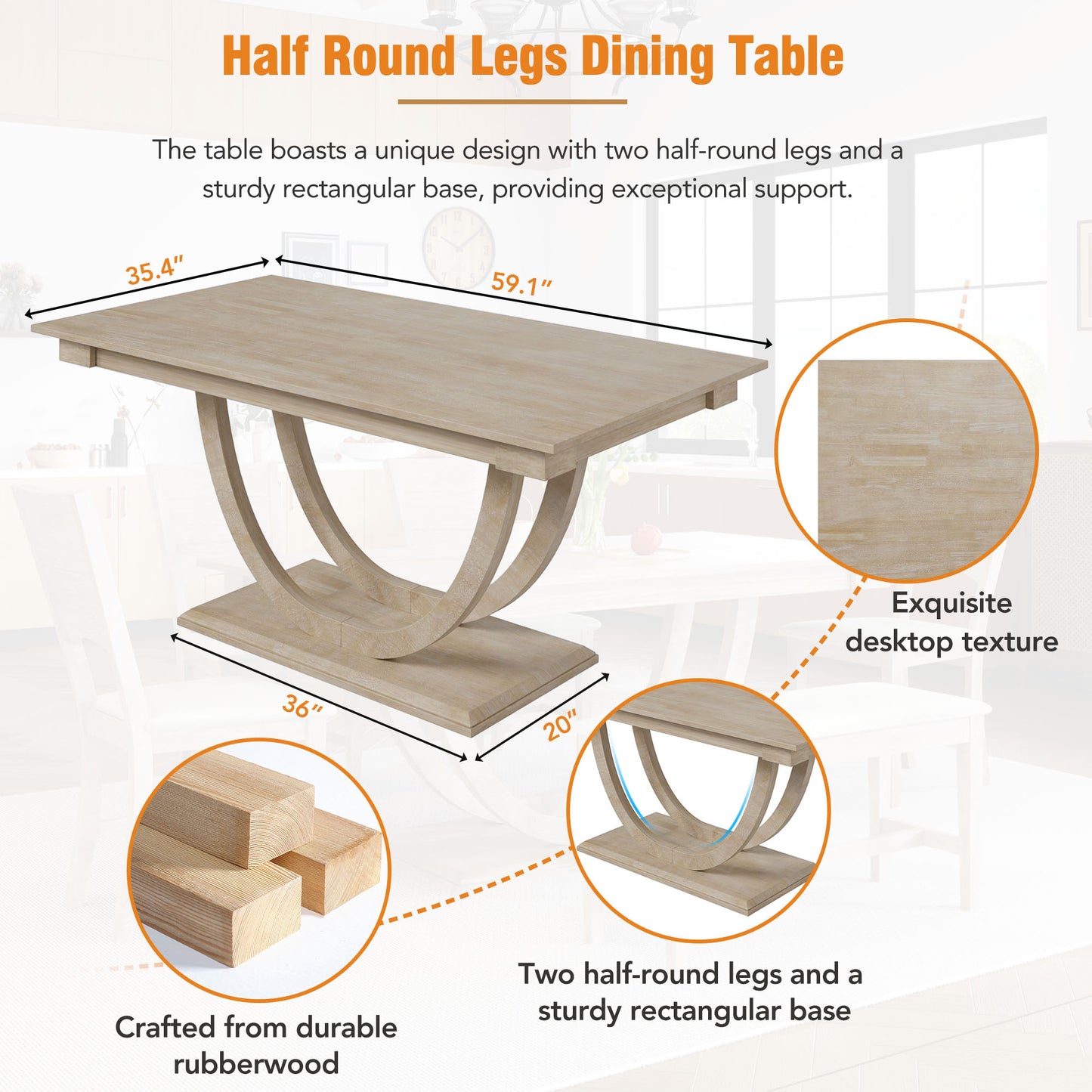 TOPMAX 6-Piece Wood Half Round Dining Table Set Kitchen Table Set with Long Bench and 4 Dining Chairs, Modern Style, Seadrift image 11