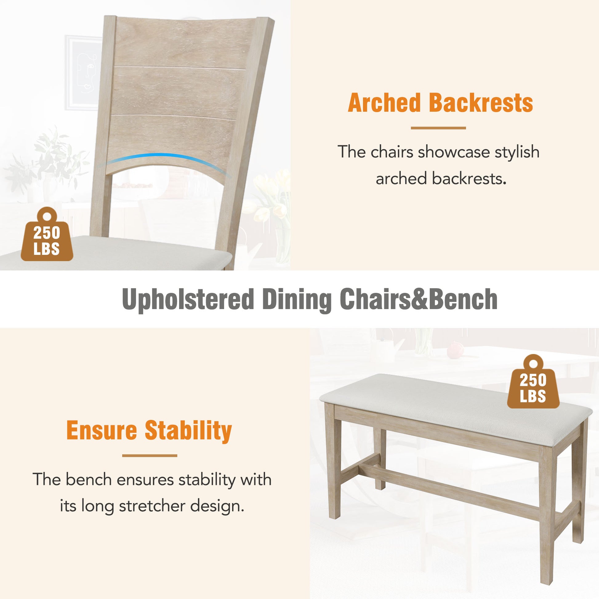 TOPMAX 6-Piece Wood Half Round Dining Table Set Kitchen Table Set with Long Bench and 4 Dining Chairs, Modern Style, Seadrift image 12