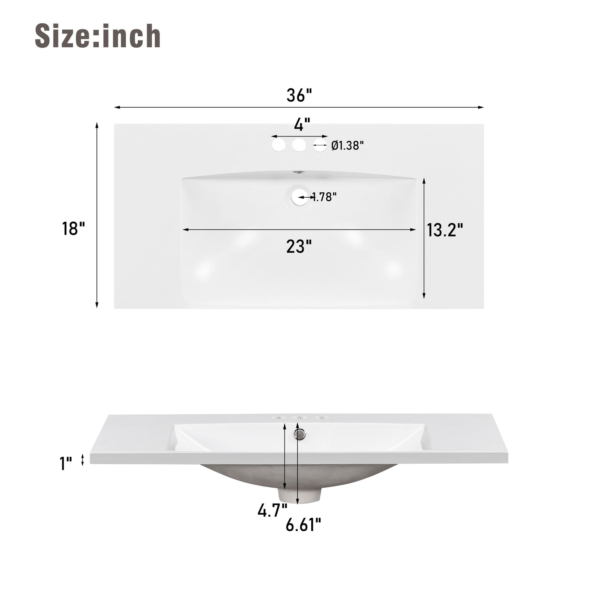 [Sink Only] 36x18" Rectangular 3 Hole Bathroom Resin Sink, Vanity Top Sink Only, Fits 4" Center Faucet, White (Faucet and cabinet not included) image 4