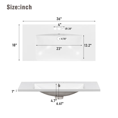 [Sink Only] 36x18" Rectangular 3 Hole Bathroom Resin Sink, Vanity Top Sink Only, Fits 4" Center Faucet, White (Faucet and cabinet not included) image 4