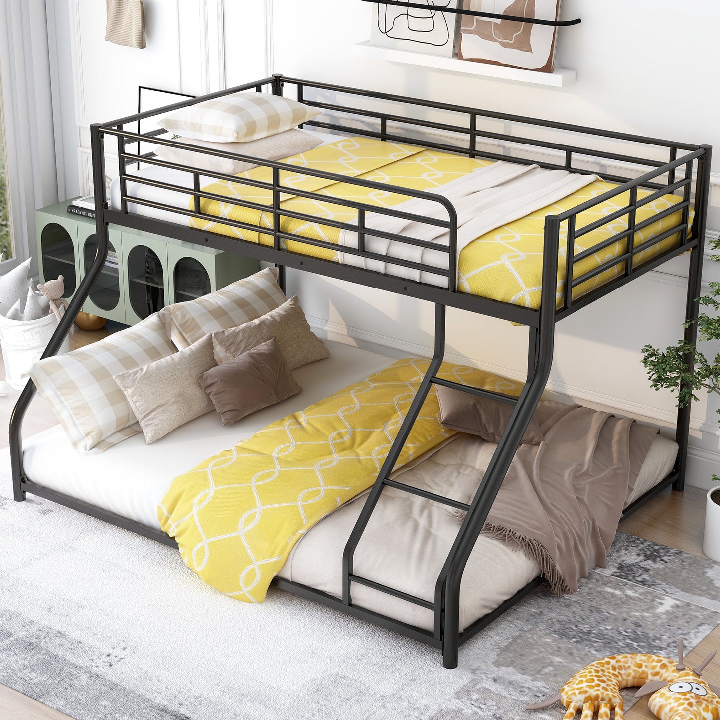 Metal Floor Bunk Bed, Twin XL over Queen, Black image 2