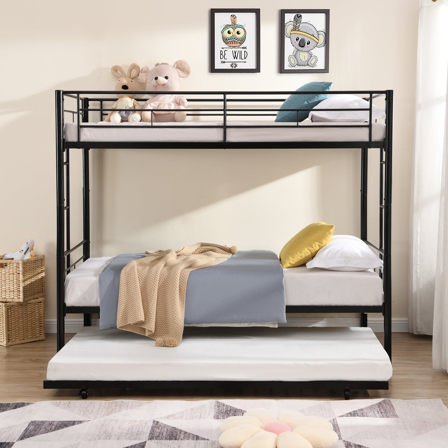 Twin Over Twin Metal Bunk Bed with trundle Black image 3