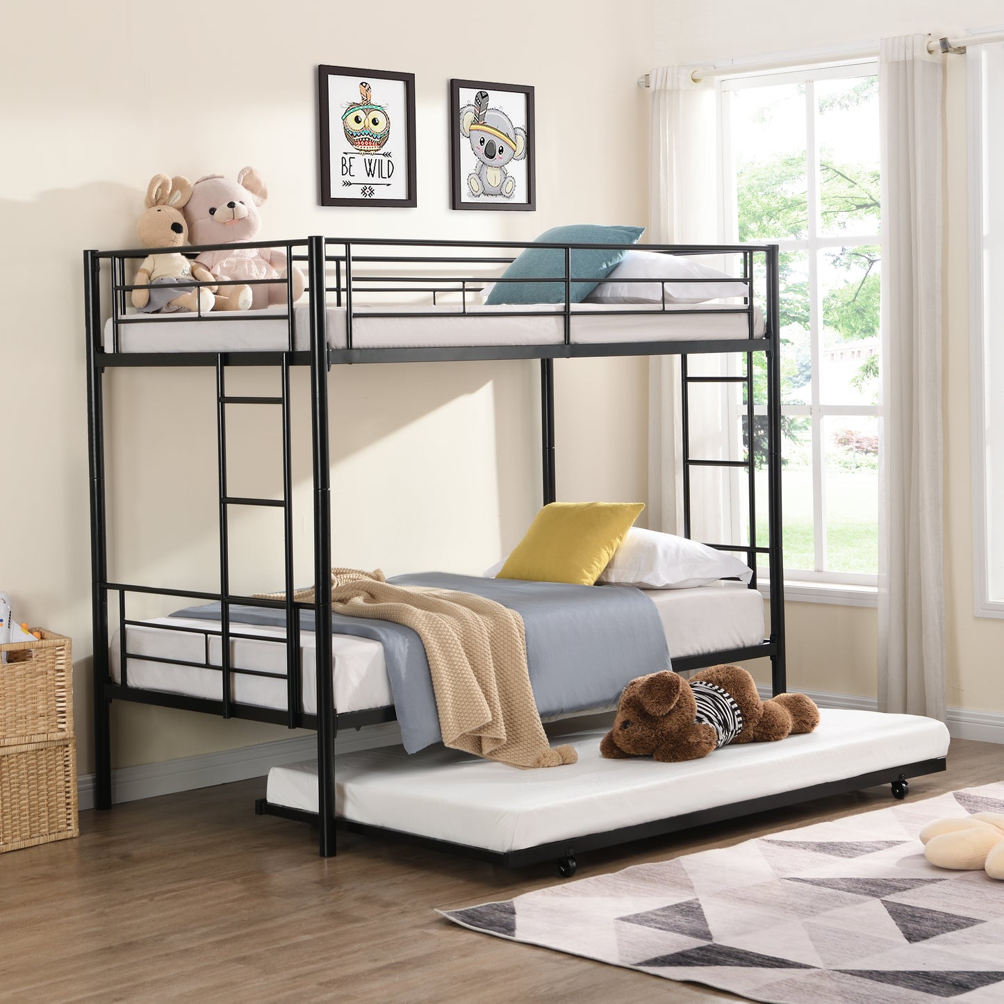 Twin Over Twin Metal Bunk Bed with trundle Black image 1