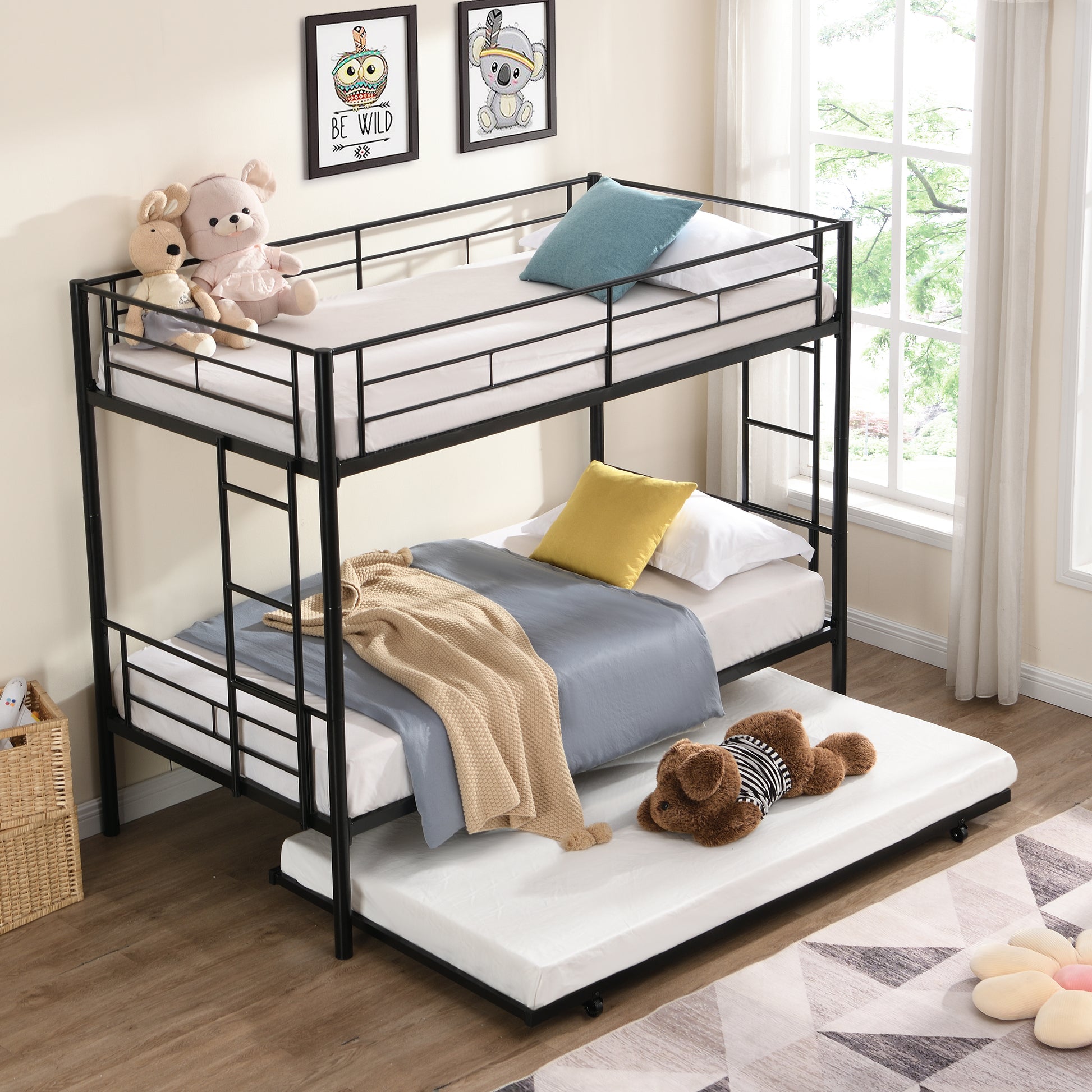 Twin Over Twin Metal Bunk Bed with trundle Black image 2